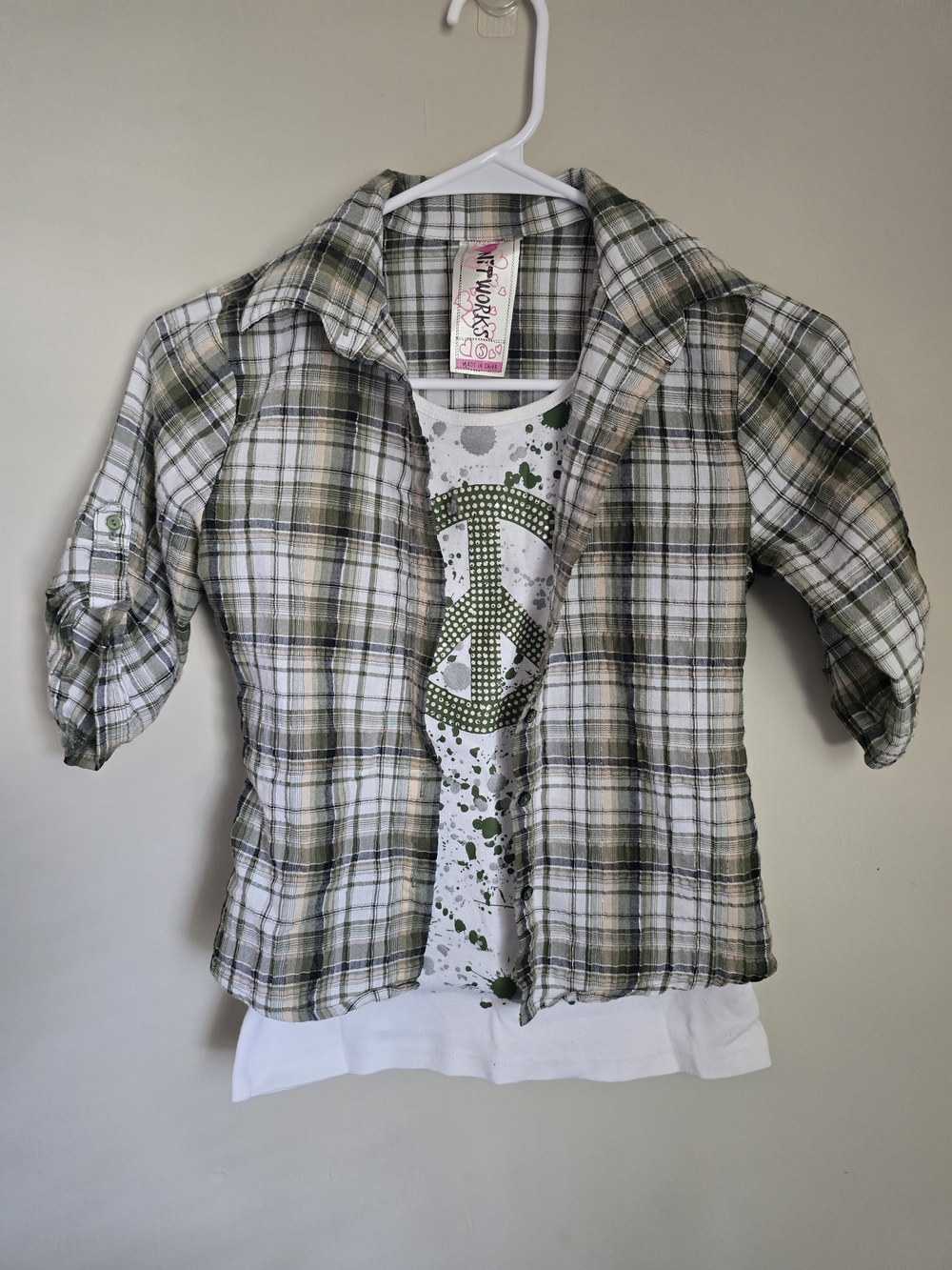 Knitworks Girls Green and White Plaid Button-Down Shirt with Peace Sign Tank.